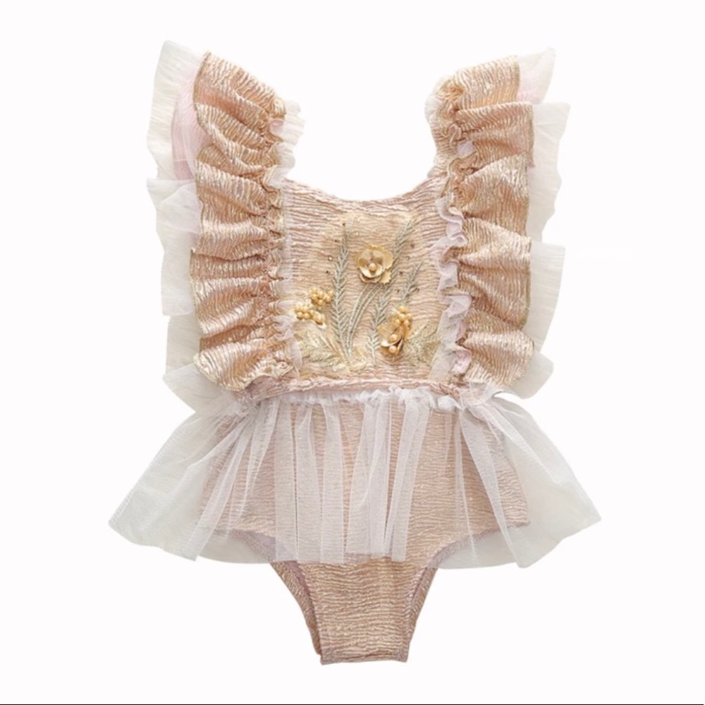 Baby Girls Gold Pink Laced Floral Tulle Onesie